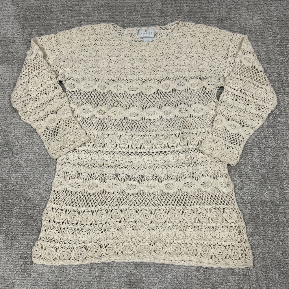 Express Hand Knitted Crochet Top Womens Medium Cotton Cream Tunic Floral